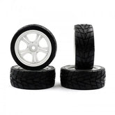 Pre-Glued 26mm Wide Radial Tires 4 pcs w/ White 5-Spoke Rim For 1/10 RC Touring Car