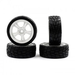 Pre-Glued 26mm Wide Radial Tires 4 pcs w/ White 5-Spoke Rim For 1/10 RC Touring Car