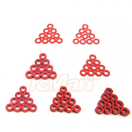 YA-0390RD Aluminum M3 X 6mm Flat Washer 0.25 / 0.5 / 1 / 1.5 / 2 / 2.5 / 3mm 10pcs Set Red